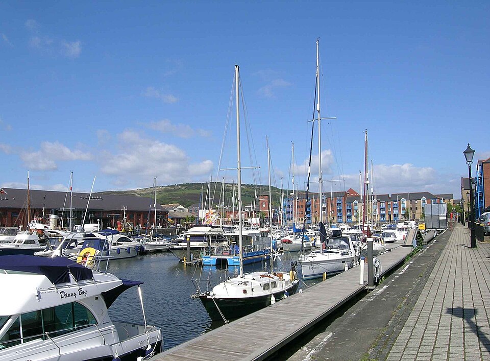 Boats and waterfront buildings at Swansea Marina